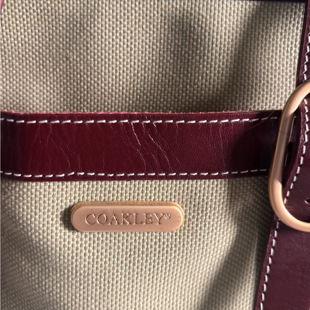 Coakley Tote Bag Green Laptop Bag. Green trimmed in brown faux leather. - Picture 2 of 7